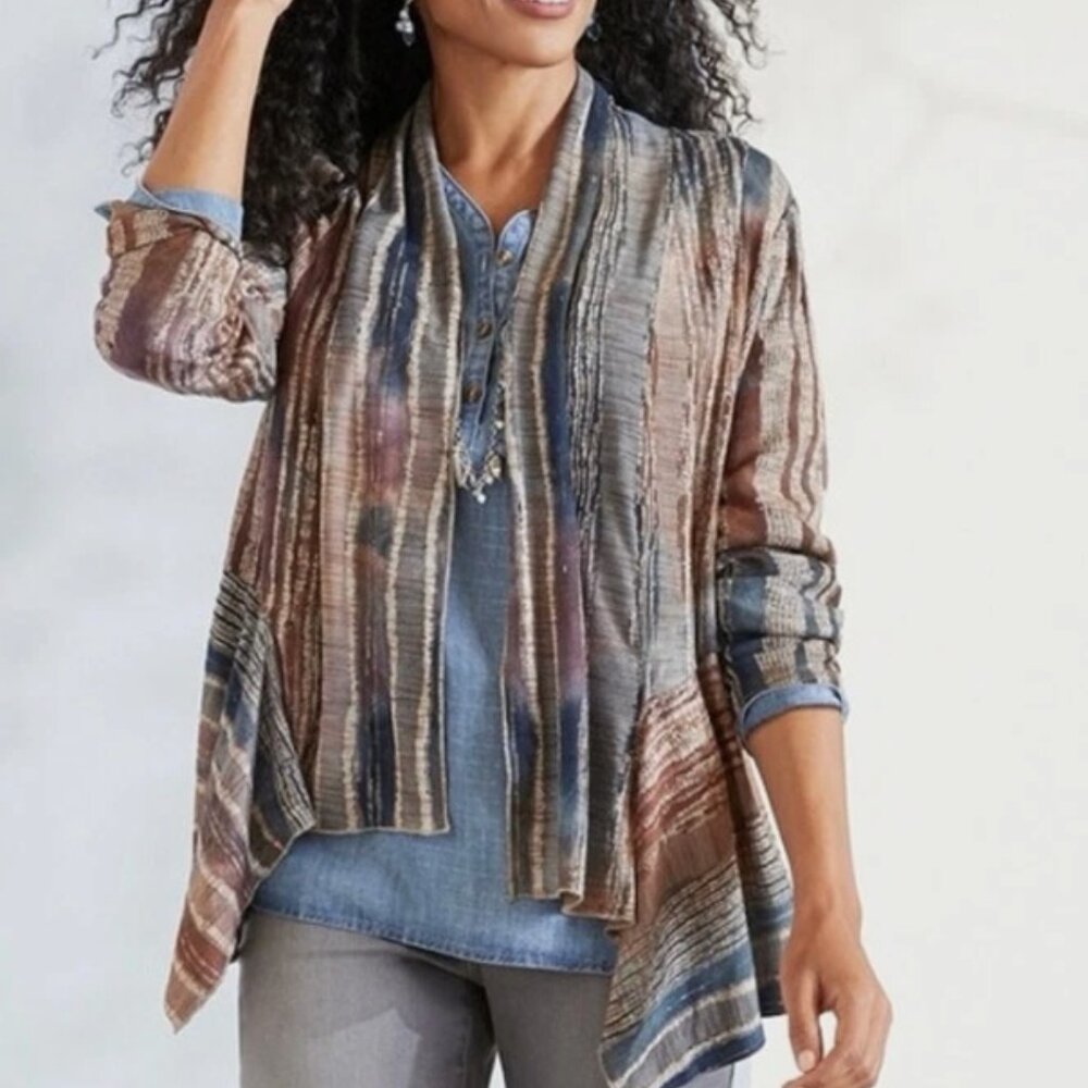 NWT Chico's 1 M Open Front Cardigan Striped Watercolor Asymmetrical Hem Jacket